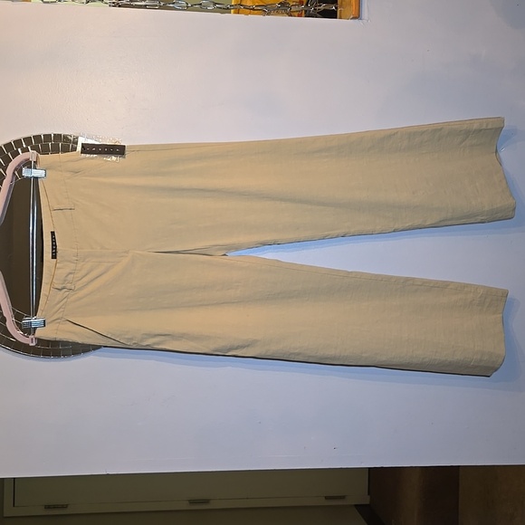 Theory Emery T Linen Rayon Stretch Crunch Khaki High-Waist Wide-Leg Trousers - Picture 3 of 16